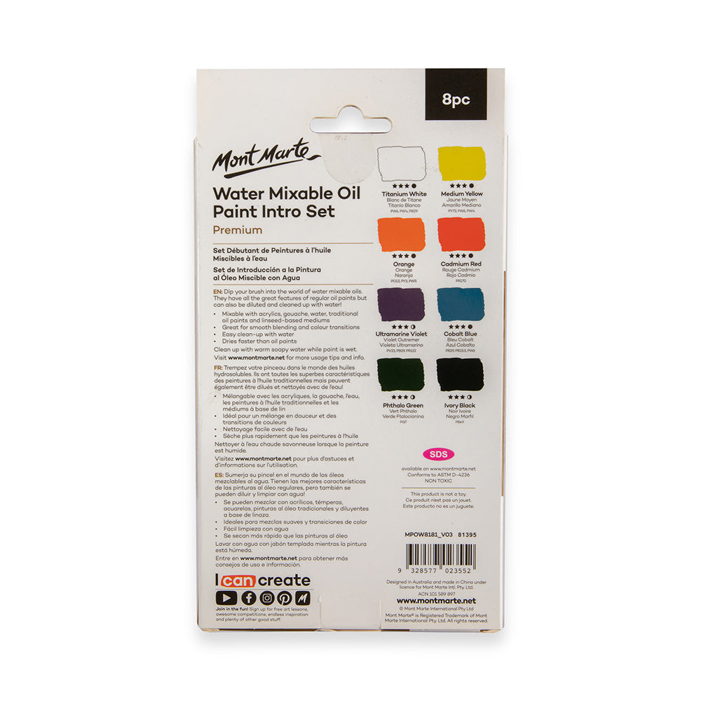 Mont Marte Water Mixable Oil Paint Intro Set 8pc x 18ml for Beginners & Canvas Art