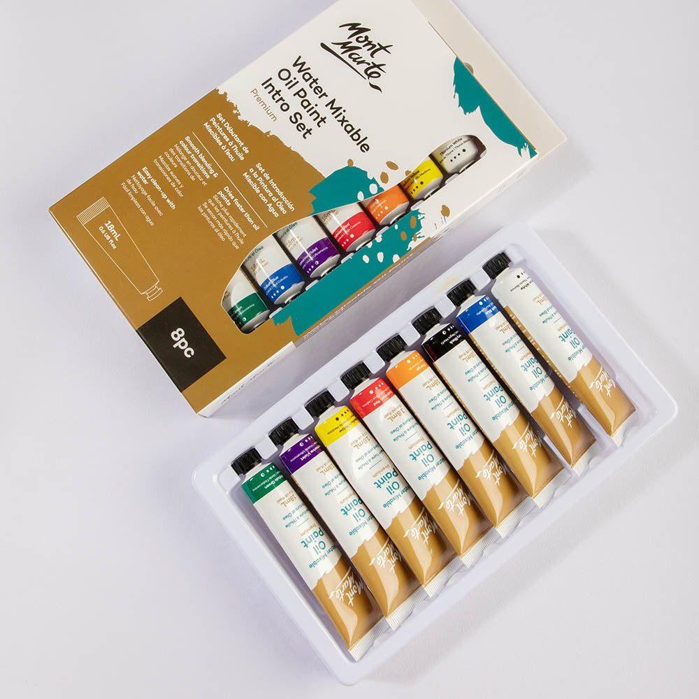 Mont Marte Water Mixable Oil Paint Intro Set 8pc x 18ml for Beginners & Canvas Art
