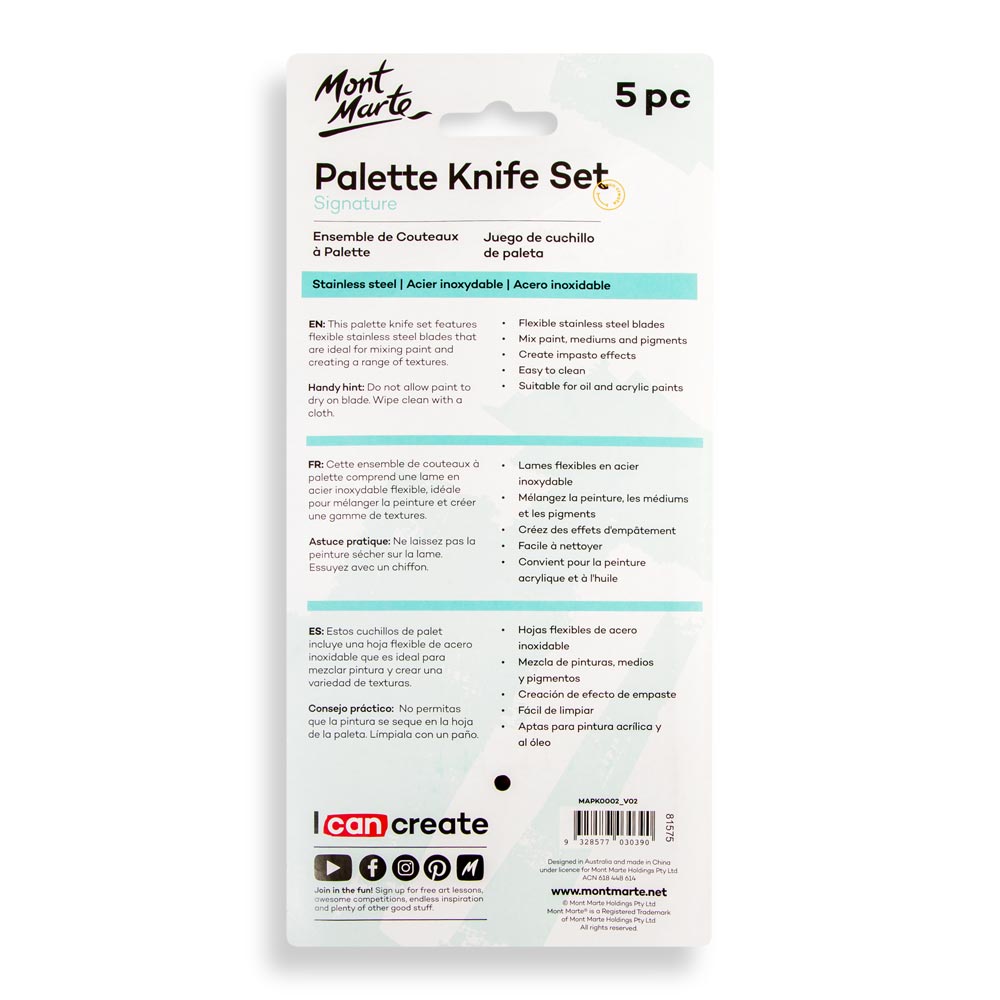 Mont Marte Stainless Steel Palette Knife Set 5pc for Acrylic, Oil & Texture Painting