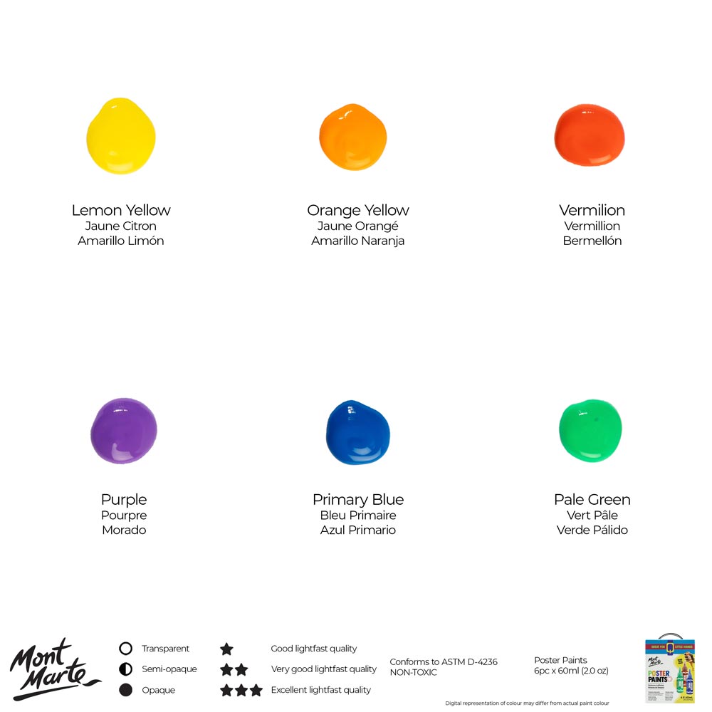 Mont Marte Poster Paint Set 6pc x 60ml for School Projects, Posters & Craft Painting