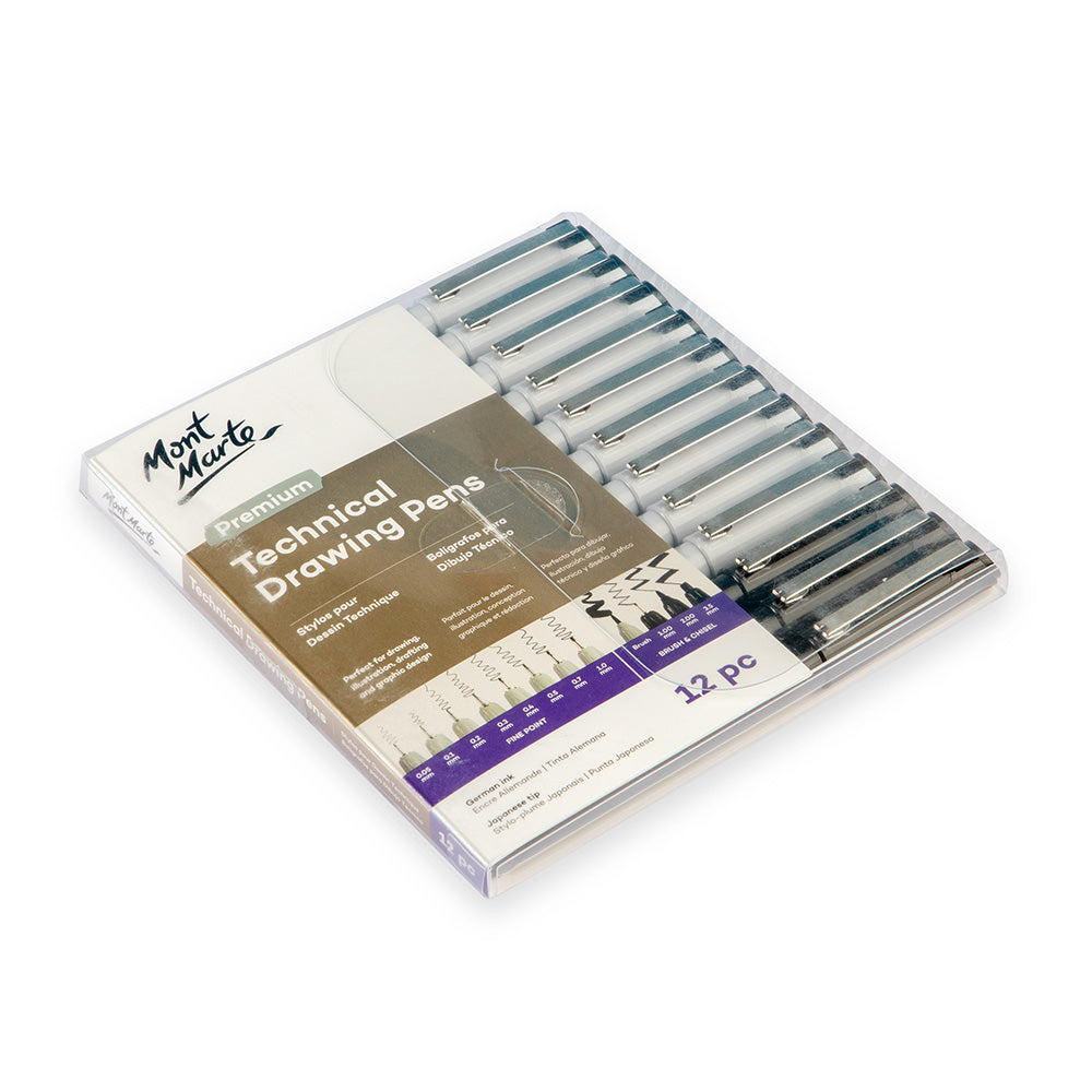 Mont Marte Technical Drawing Pens 12pc for Architecture, Illustration & Fine Line Ink Art