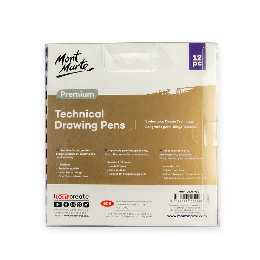 Mont Marte Technical Drawing Pens 12pc for Architecture, Illustration & Fine Line Ink Art