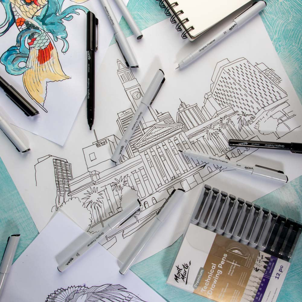 Mont Marte Technical Drawing Pens 12pc for Architecture, Illustration & Fine Line Ink Art