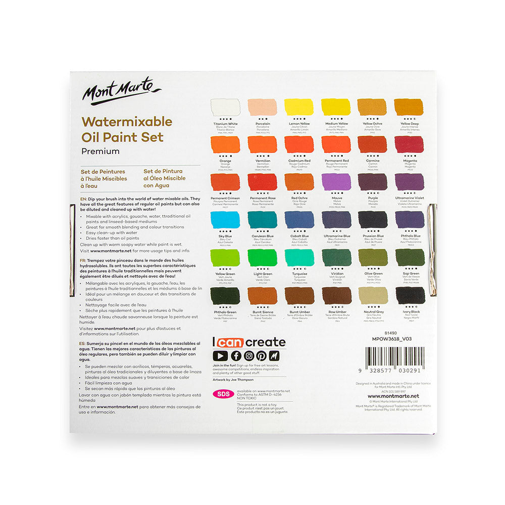 Mont Marte Water Mixable Oil Paint Set 36pc x 18ml for Studio Canvas Painting