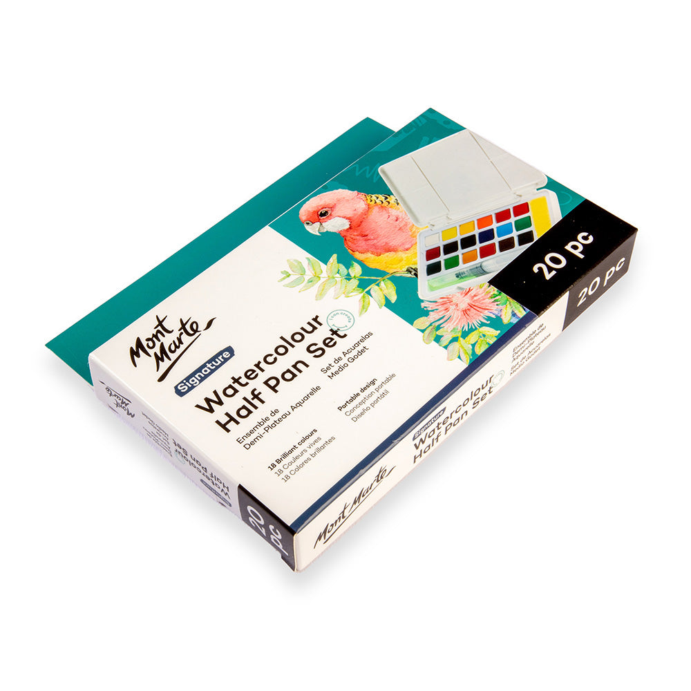 Mont Marte Watercolour Half Pan Set 20pc for Travel Sketching, Painting & Colour Mixing