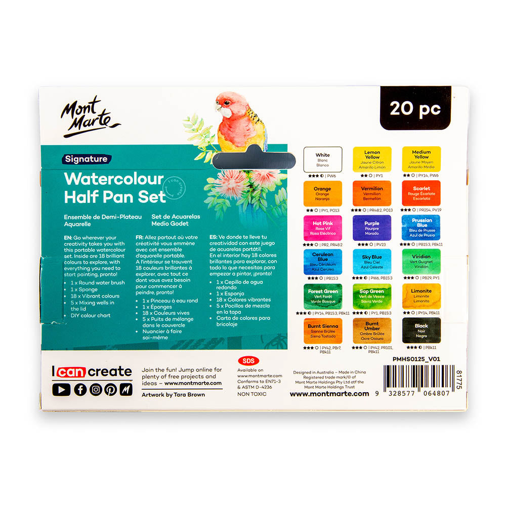 Mont Marte Watercolour Half Pan Set 20pc for Travel Sketching, Painting & Colour Mixing