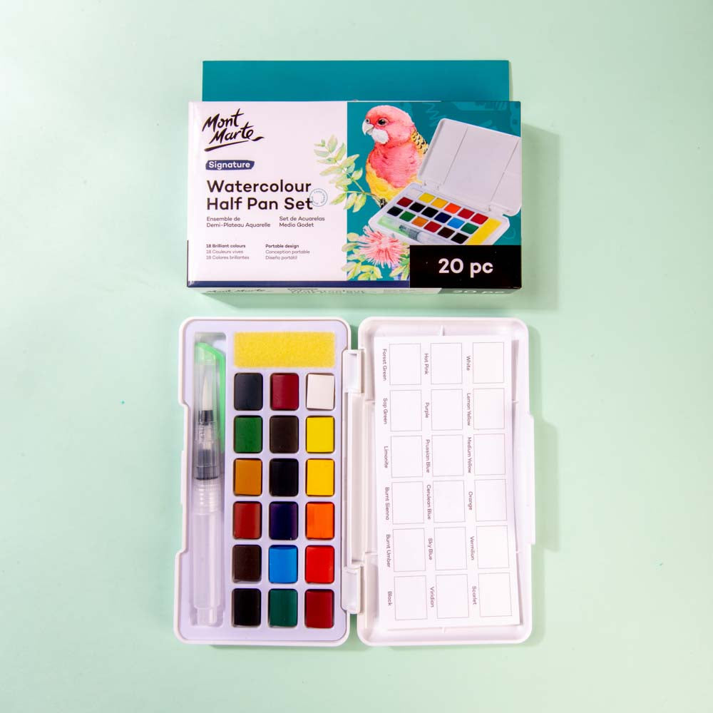 Mont Marte Watercolour Half Pan Set 20pc for Travel Sketching, Painting & Colour Mixing