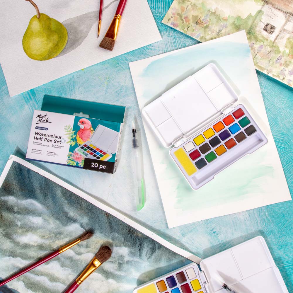 Mont Marte Watercolour Half Pan Set 20pc for Travel Sketching, Painting & Colour Mixing