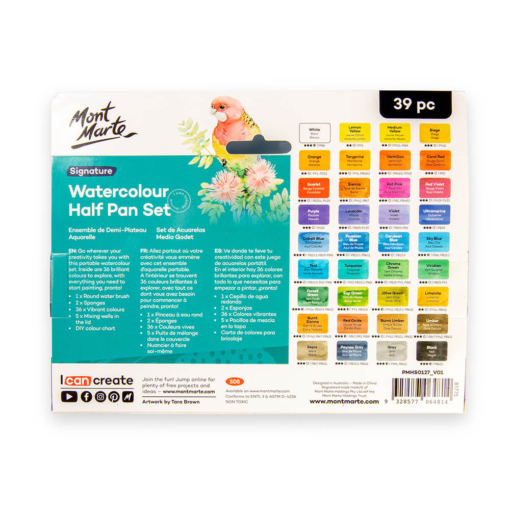 Mont Marte Watercolour Half Pan Set 39pc for Travel, Sketching & Professional Colour Range