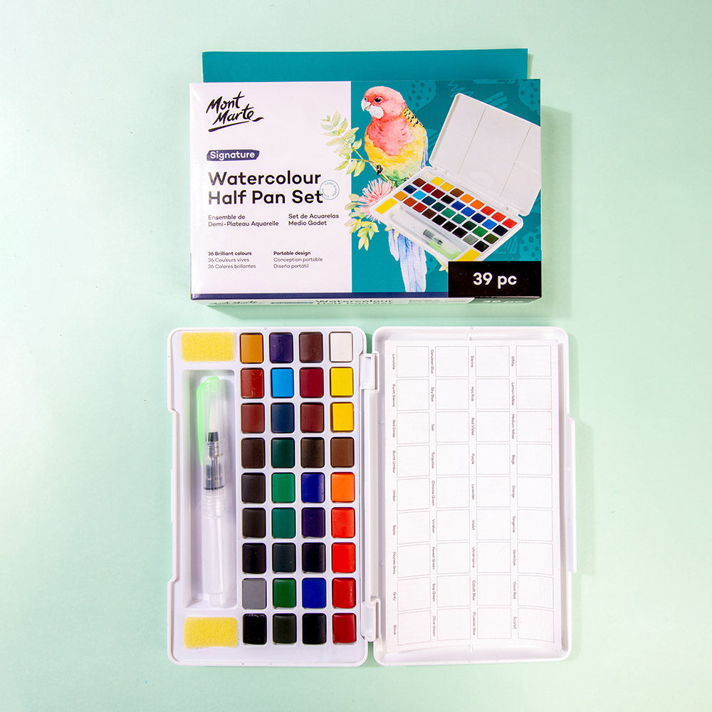 Mont Marte Watercolour Half Pan Set 39pc for Travel, Sketching & Professional Colour Range