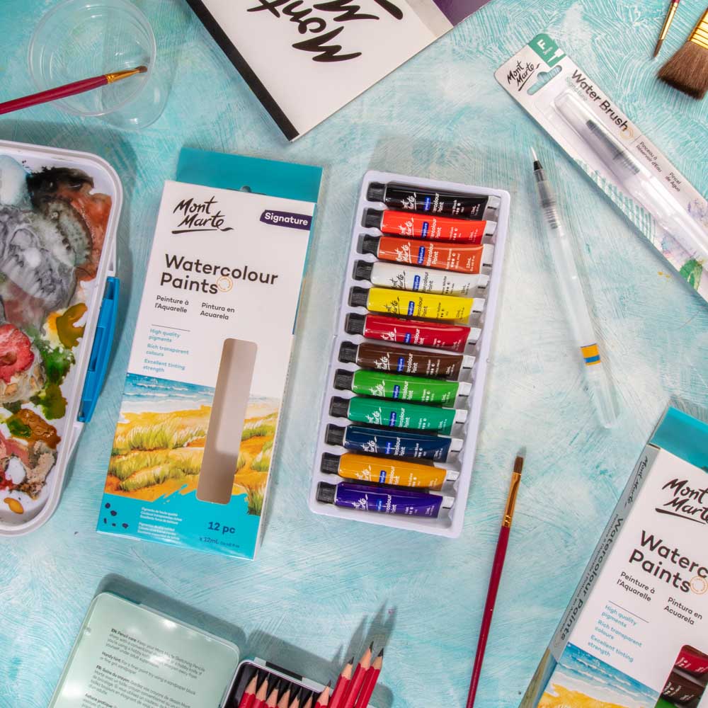Mont Marte Watercolour Paint Set 12pc x 12ml for Beginners, Students & Art Projects