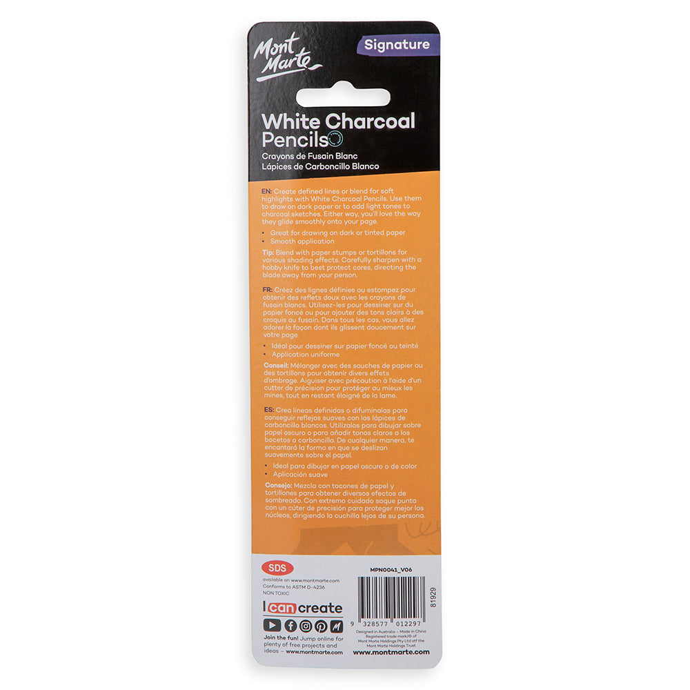 Mont Marte White Charcoal Pencils 3pc for Highlights on Dark Paper & Sketching