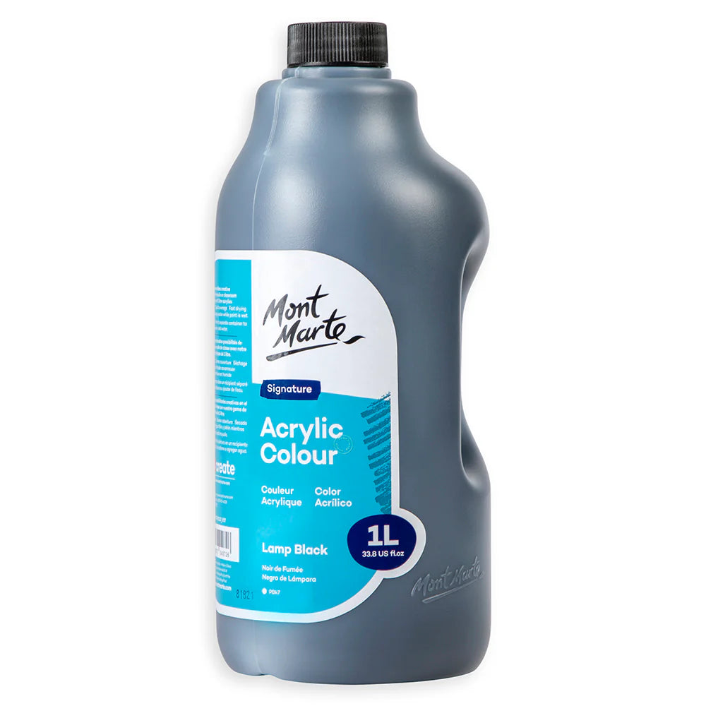 Mont Marte Acrylic Colour Paint 1L Pump Bottle Lamp Black for Classroom & Studio Use Main image