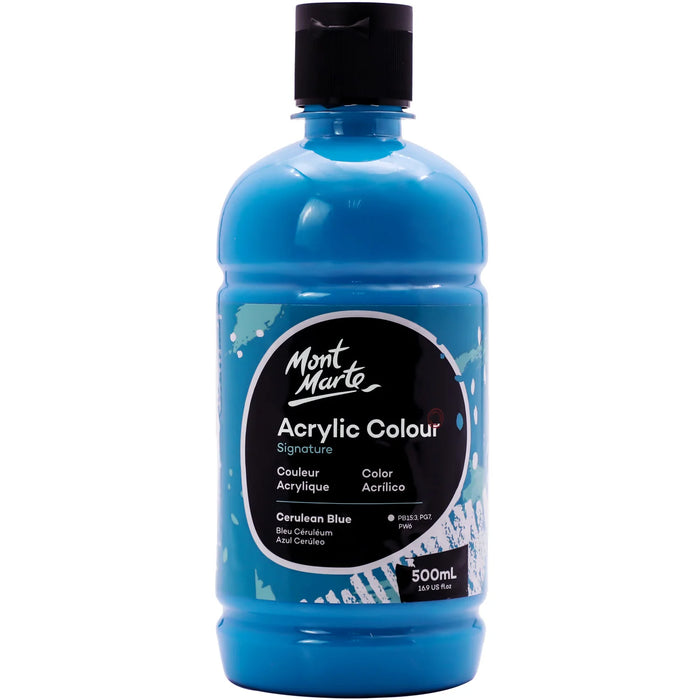 Mont Marte Acrylic Colour Paint 500ml Bottle Cerulean Blue for School, Studio & Craft Use