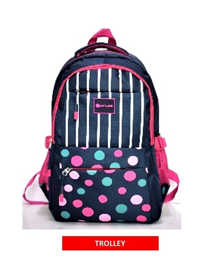 Blue Atlas trolley school bag with stripes and dots, 16-inch size, featuring a durable handle and spacious interior for students.