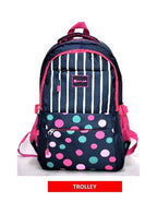 Blue Atlas trolley school bag with stripes and dots, 16-inch size, featuring a durable handle and spacious interior for students.
