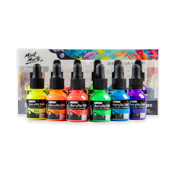 Mont Marte Fluoro Acrylic Ink Set 6pc x 20ml for Pouring, Illustration & Mixed Media Art - Al Masam Stationery LLC - art & craft - art & craft
