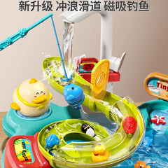 Children Puzzle Pretend Play Toys Dishwashing Basin Toys Gift Kitchen Interactive Toys 2-in-1 Slide Fishing Montessori Toys