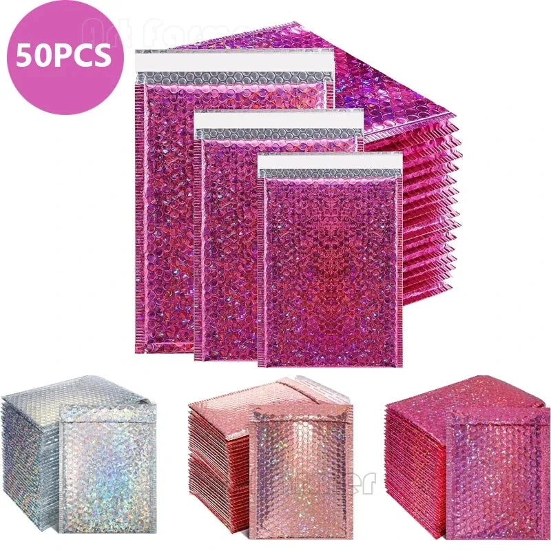 ELMAS 50Pcs Holographic Bubble Mailer Rose Red Shipping Bag - Al Masam Stationery LLC