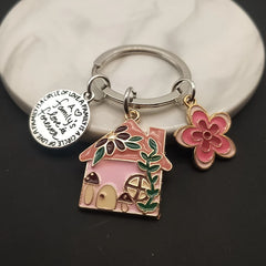 ELMAS Enamel Cottage Family Keychain with Flowers