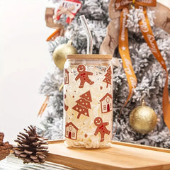 ELMAS Festive Gingerbread Man Glass with Bamboo Lid & Custom Sticker