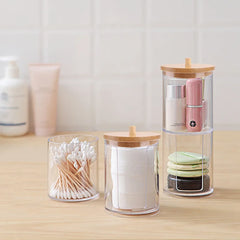 ELMAS Cotton Swab Organizer Bamboo Cover Acrylic Box