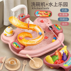 Children Puzzle Pretend Play Toys Dishwashing Basin Toys Gift Kitchen Interactive Toys 2-in-1 Slide Fishing Montessori Toys