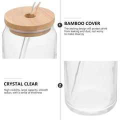 ELMAS Stylish Glass Cups with Bamboo Lids & Straw