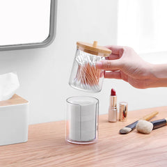 ELMAS Cotton Swab Organizer Bamboo Cover Acrylic Box