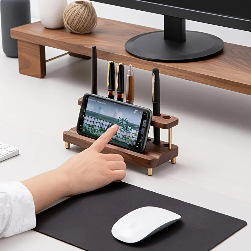 ELMAS Elegant Walnut Wood Desk Organizer & Phone Stand - Al Masam Stationery LLC