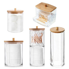 ELMAS Cotton Swab Organizer Bamboo Cover Acrylic Box