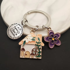 ELMAS Enamel Cottage Family Keychain with Flowers