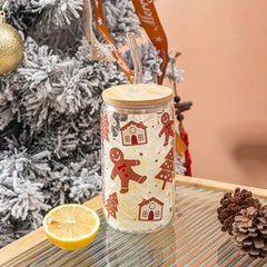 ELMAS Festive Gingerbread Man Glass with Bamboo Lid & Custom Sticker