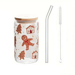 ELMAS Festive Gingerbread Man Glass with Bamboo Lid & Custom Sticker