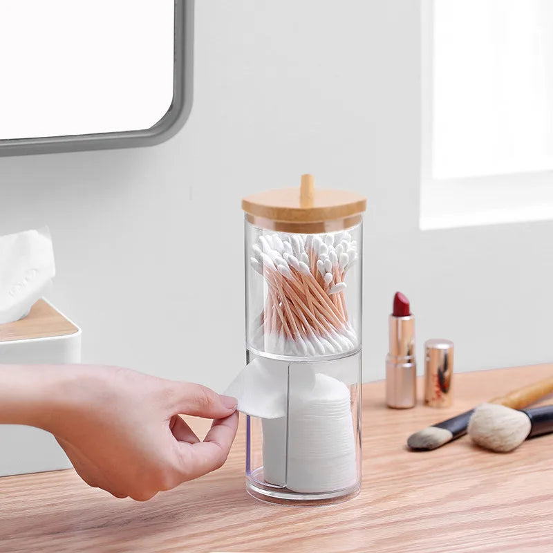 ELMAS Cotton Swab Organizer Bamboo Cover Acrylic Box - Al Masam Stationery LLC