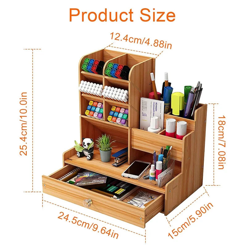 ELMAS Wooden Desk Organizer with Drawer - Stylish Pen Holder - Al Masam Stationery LLC