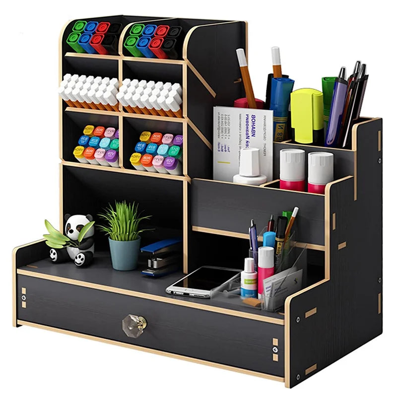 ELMAS Wooden Desk Organizer with Drawer - Stylish Pen Holder - Al Masam Stationery LLC