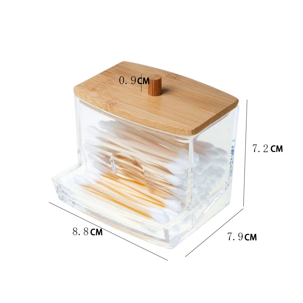 ELMAS Cotton Swab Organizer Bamboo Cover Acrylic Box - Al Masam Stationery LLC