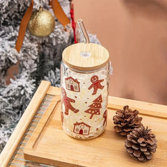 ELMAS Festive Gingerbread Man Glass with Bamboo Lid & Custom Sticker