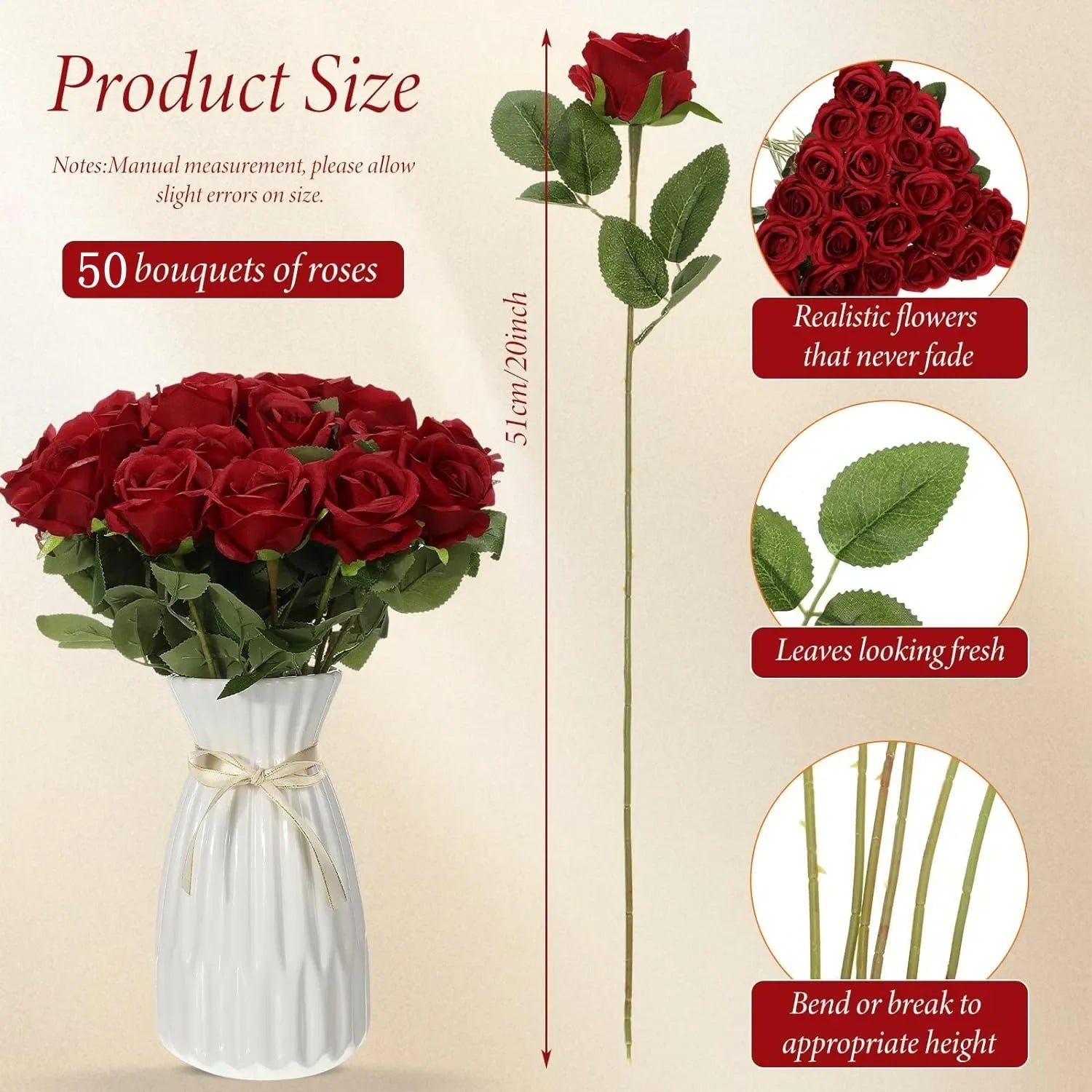 ELMAS 50 Pcs Velvet Rose Artificial Flowers for Decor - Al Masam Stationery LLC