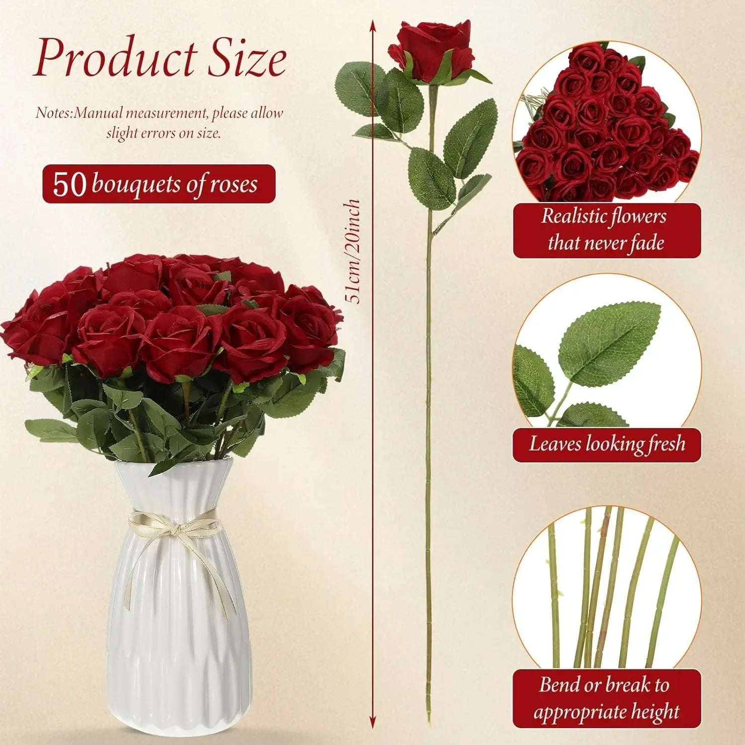 ELMAS 50 Pcs Velvet Rose Artificial Flowers for Decor - Al Masam Stationery LLC