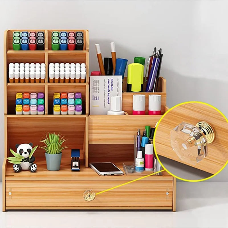 ELMAS Wooden Desk Organizer with Drawer - Stylish Pen Holder - Al Masam Stationery LLC