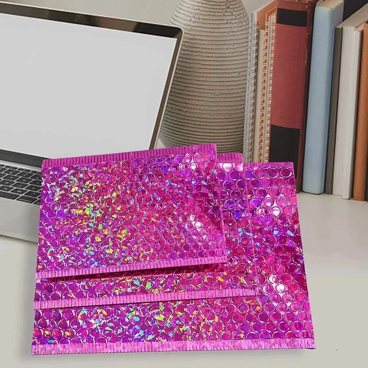 ELMAS 50Pcs Holographic Bubble Mailer Rose Red Shipping Bag - Al Masam Stationery LLC