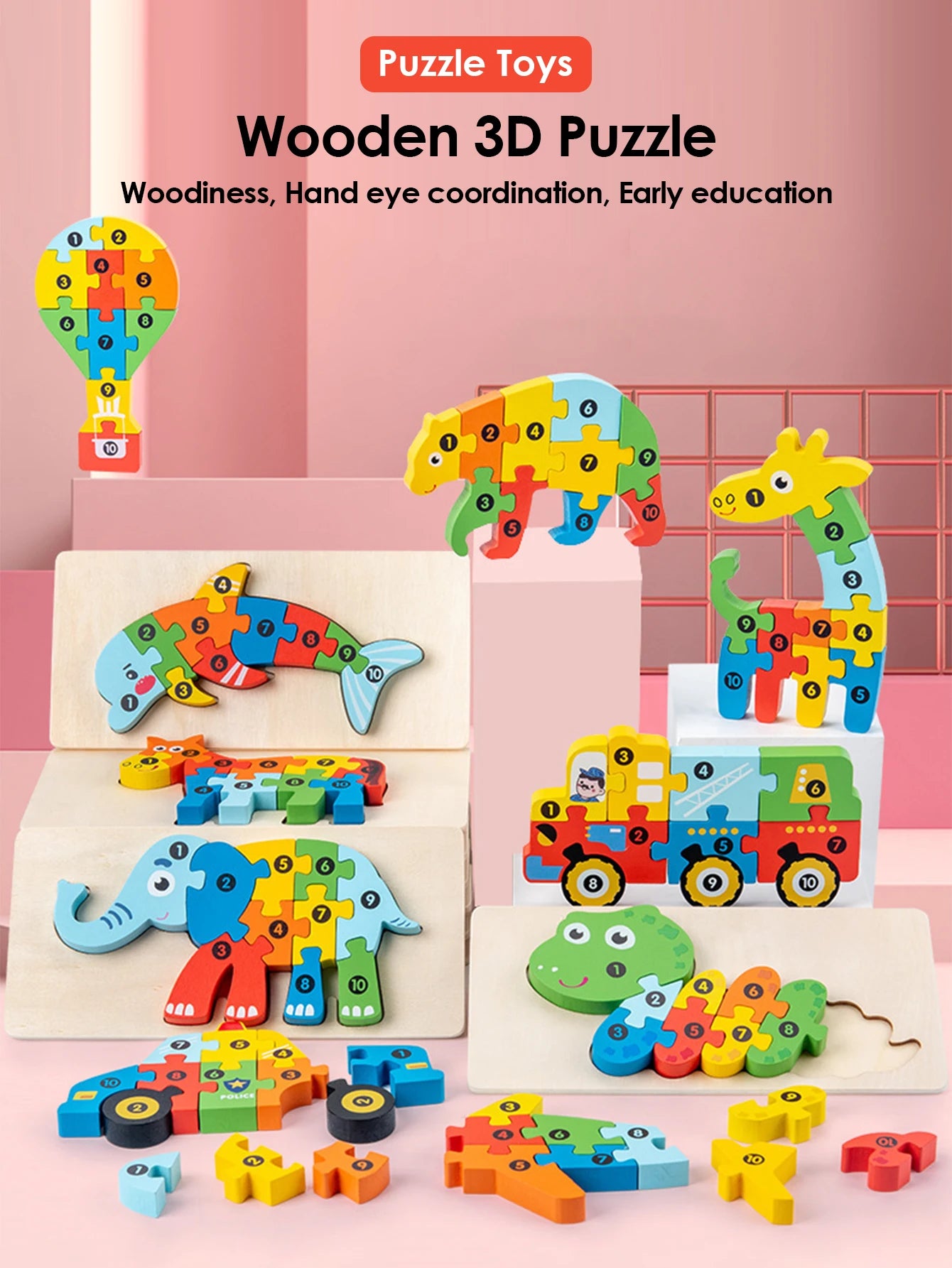 ELMAS 3D Wooden Puzzles Educational Cartoon Animals Toys - Al Masam Stationery LLC