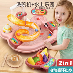 Children Puzzle Pretend Play Toys Dishwashing Basin Toys Gift Kitchen Interactive Toys 2-in-1 Slide Fishing Montessori Toys