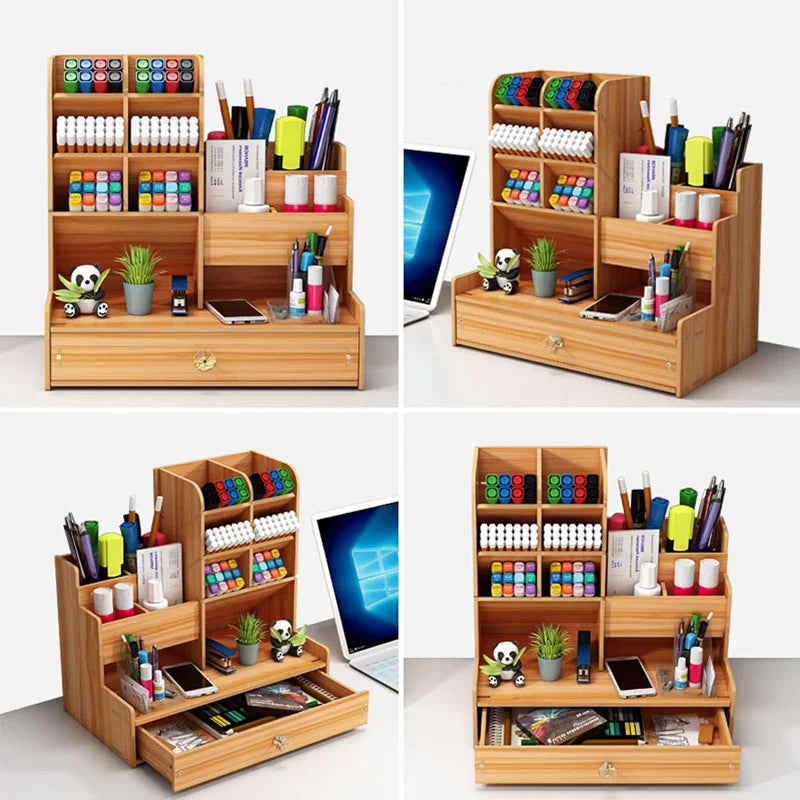 ELMAS Wooden Desk Organizer with Drawer - Stylish Pen Holder - Al Masam Stationery LLC