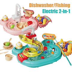 Children Puzzle Pretend Play Toys Dishwashing Basin Toys Gift Kitchen Interactive Toys 2-in-1 Slide Fishing Montessori Toys