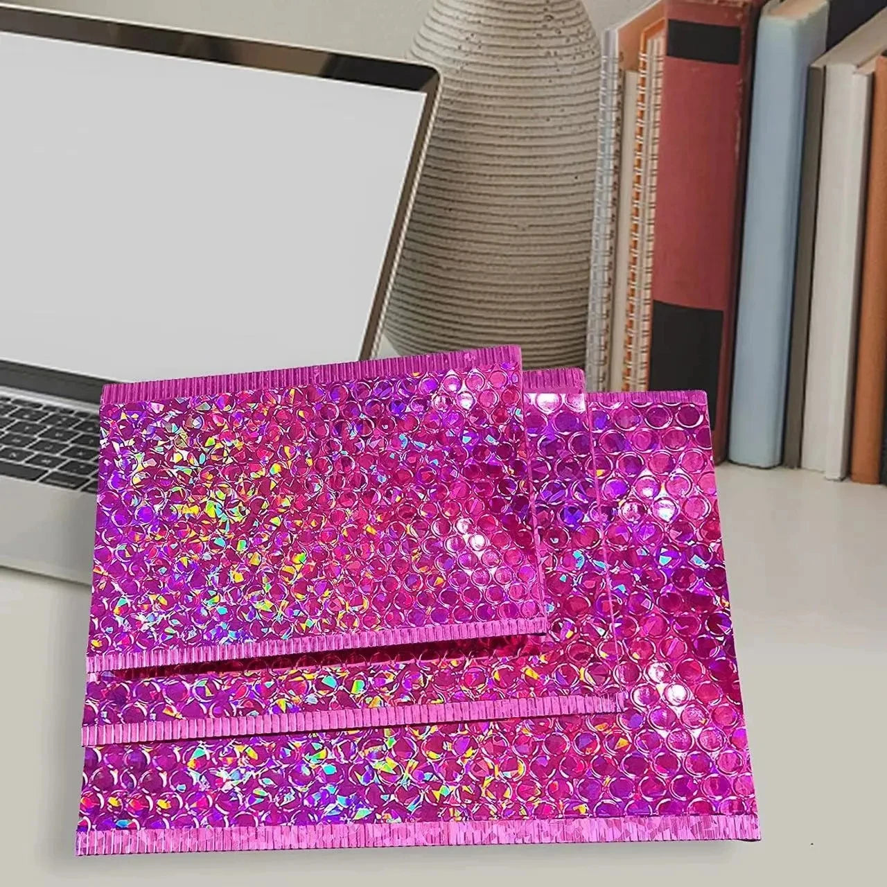 ELMAS 50Pcs Holographic Bubble Mailer Rose Red Shipping Bag - Al Masam Stationery LLC