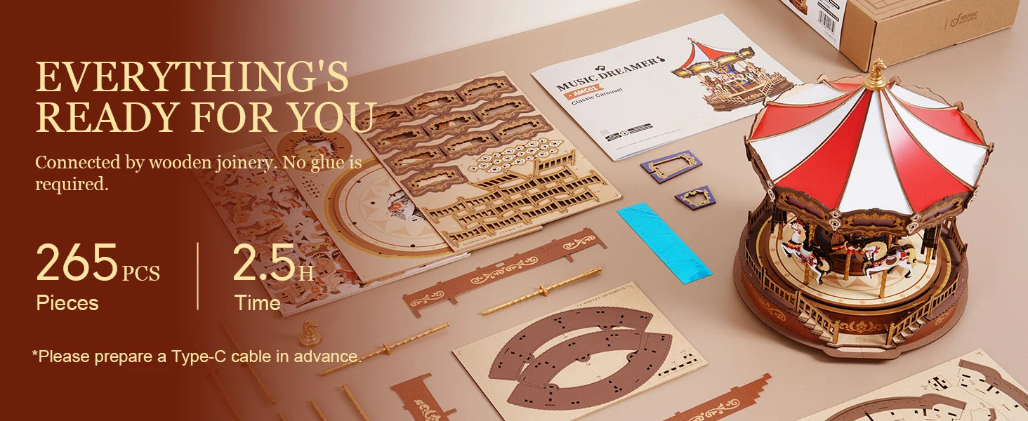 ELMAS Robotime 3D Wooden Music Box Carousel Kit - Al Masam Stationery LLC