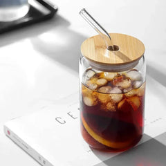 ELMAS Stylish Glass Cups with Bamboo Lids & Straw